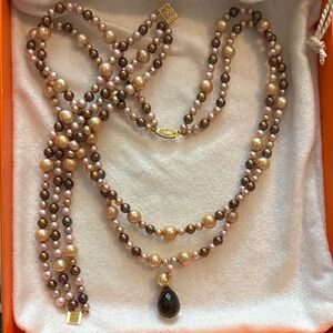 14K gold chocolate 2 strand brown pearl smokie quartz briolette necklace
